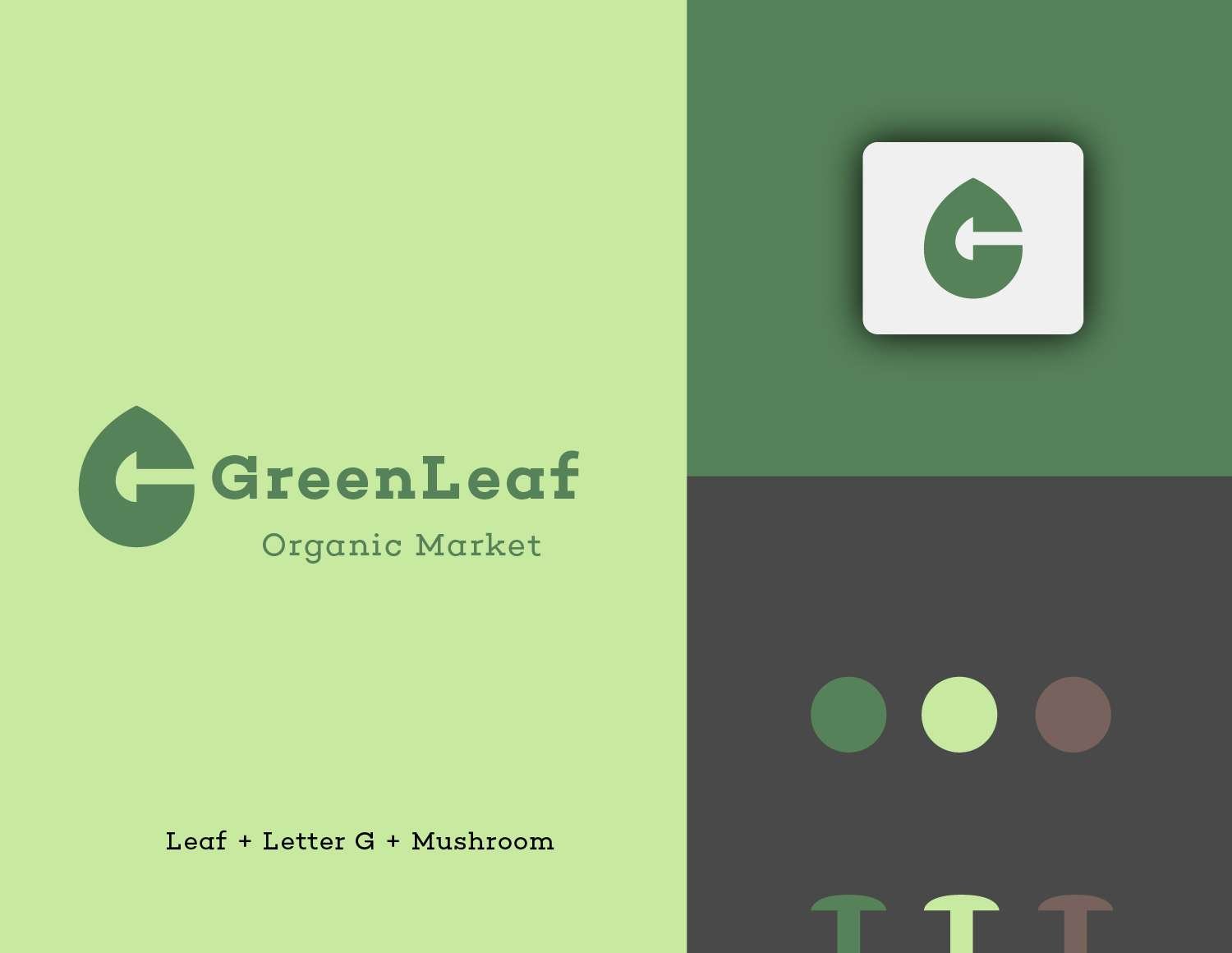 Logo presentatie van GreenLeaf met 3 delen. Links het GreenLeaf logo met wordmark en 'Organic Market'. Rechtsboven een minimalistischer logo. Rechtsonder het kleurenpalet en 3 paddenstoelen in huisstijlkleuren, weerspiegelt de visuele identiteit van GreenLeaf.